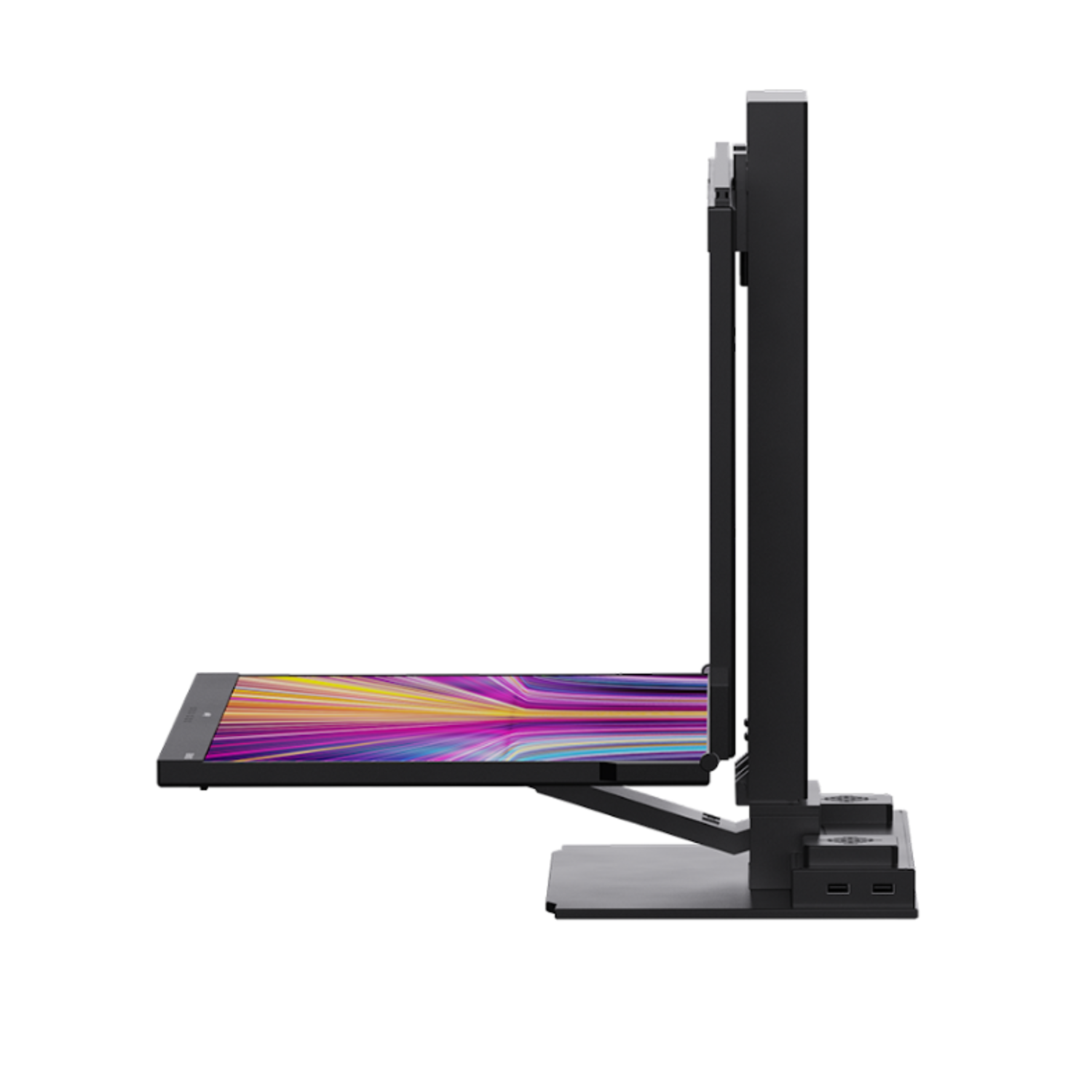 A monitor mounted on a support, the screen facing upwards.