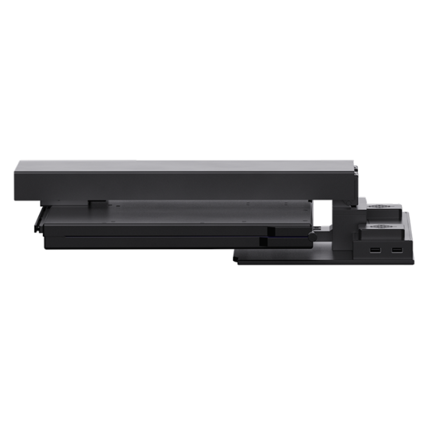 Black stand for a gaming console, with multiple levels and ports. White background.