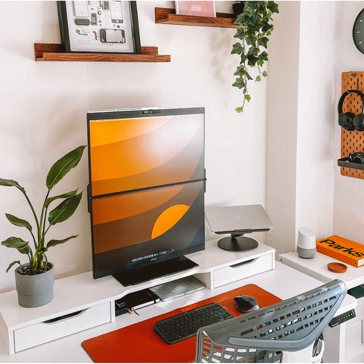 Workspace with dual monitor setup, desk, plant, and accessories.
