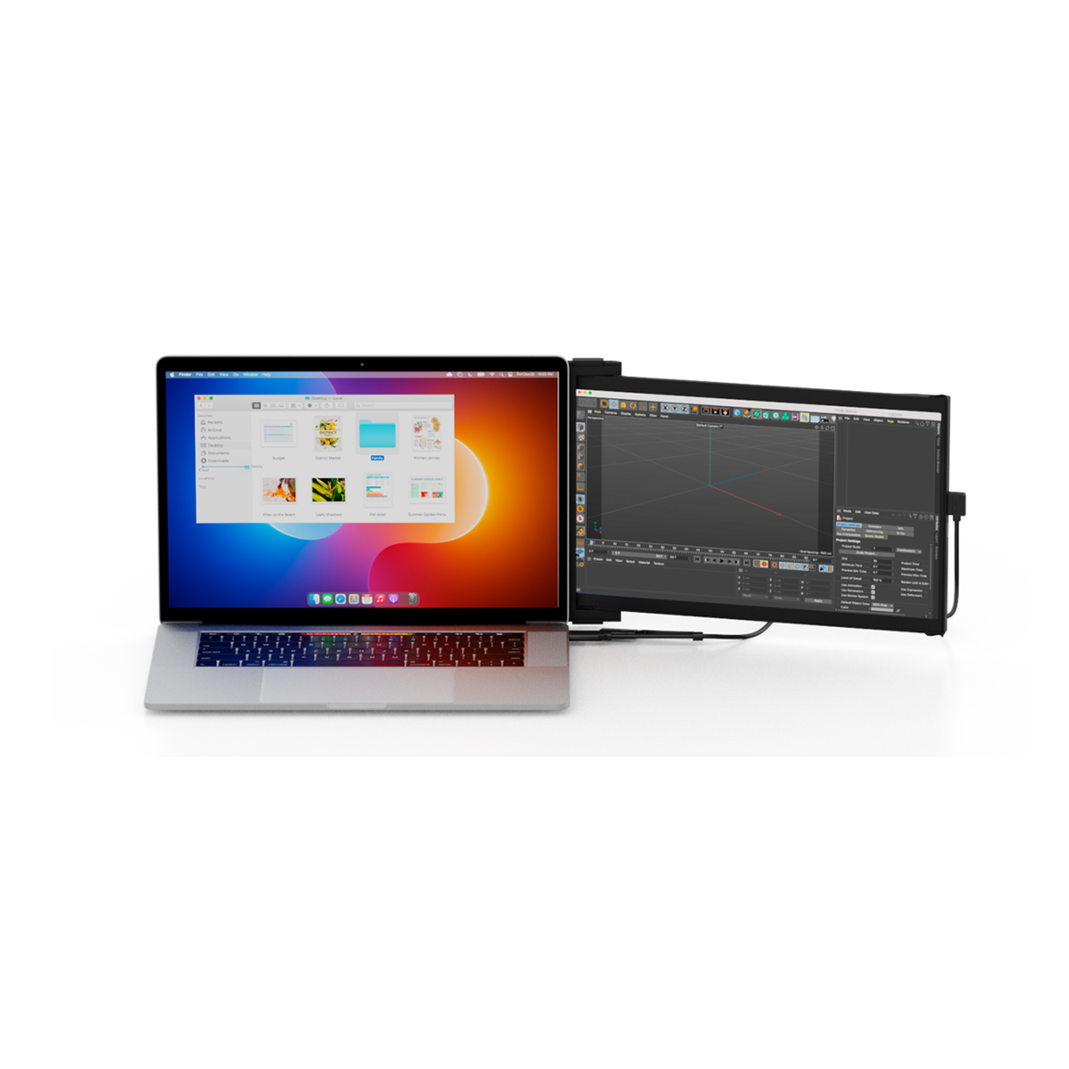Laptop with an external monitor showing a design interface. White background.