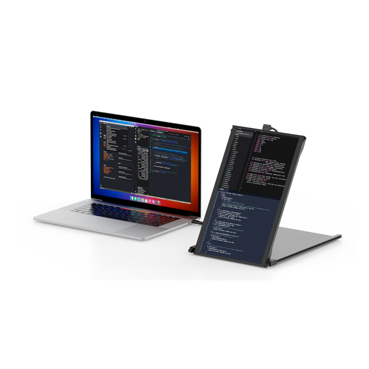 Laptop and tablet side-by-side showing code on a white background.