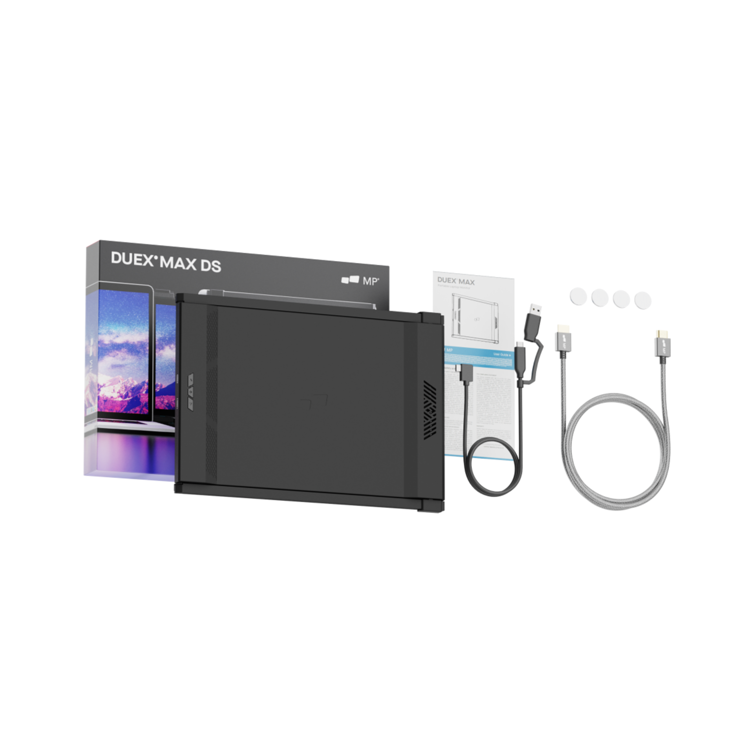 A black external hard drive and accessories in a box, on white background.