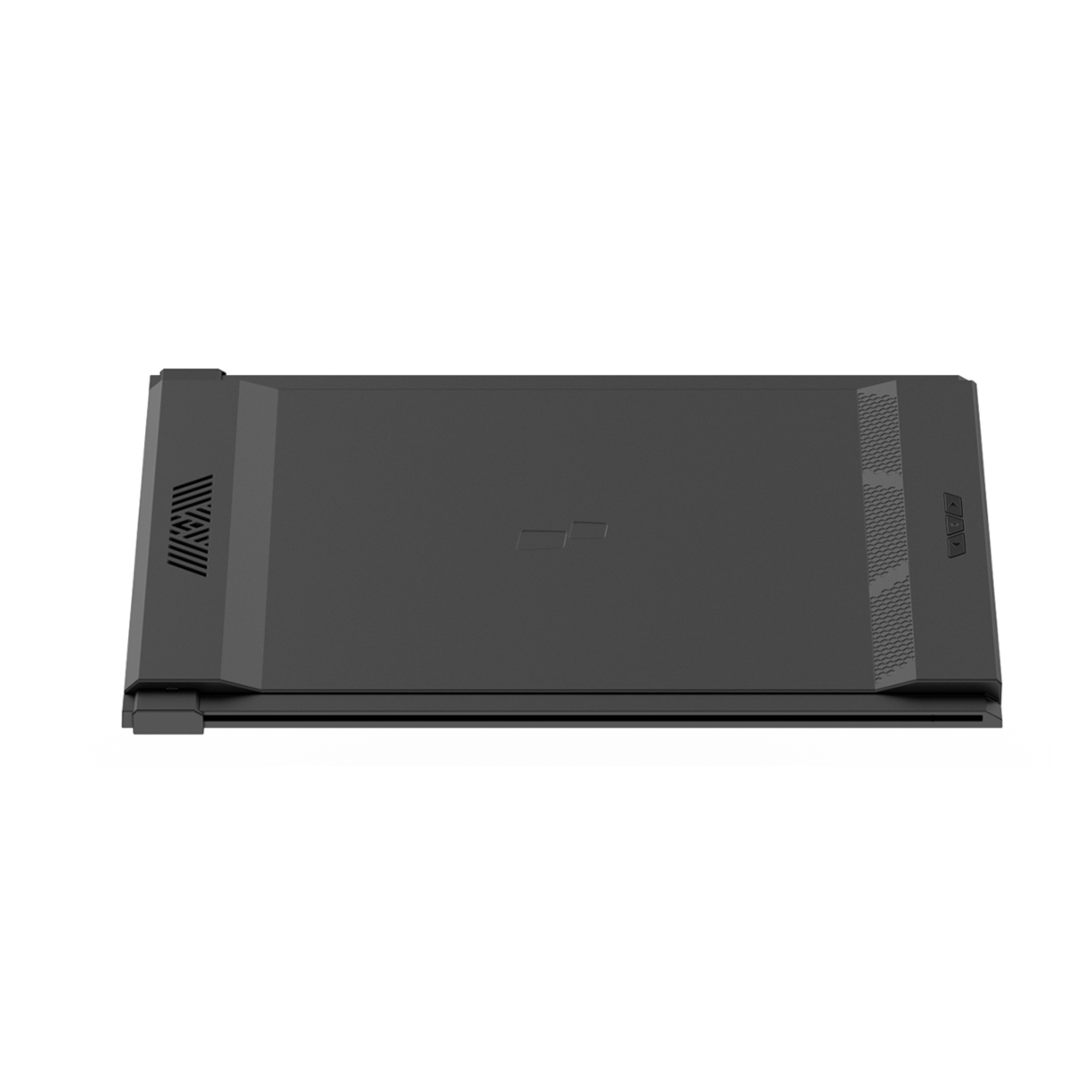 Black laptop from above, with angular design, on a black background.