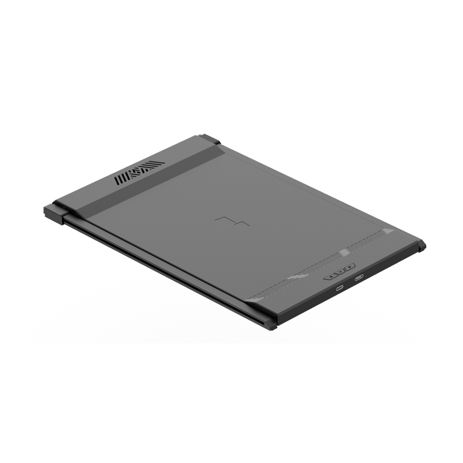 Gray laptop, top view, angled slightly. Display area is visible, with a vent and ports.