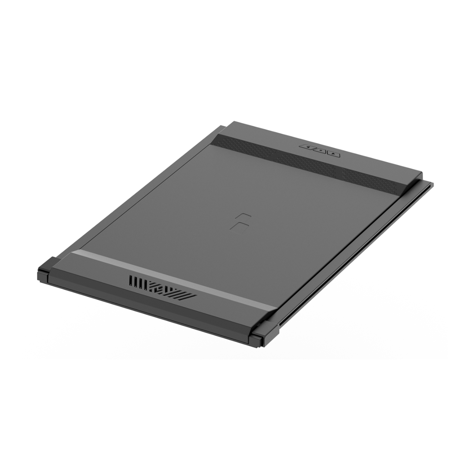 Black, rectangular device. Top view, angled. Design with vents and a center indentation.