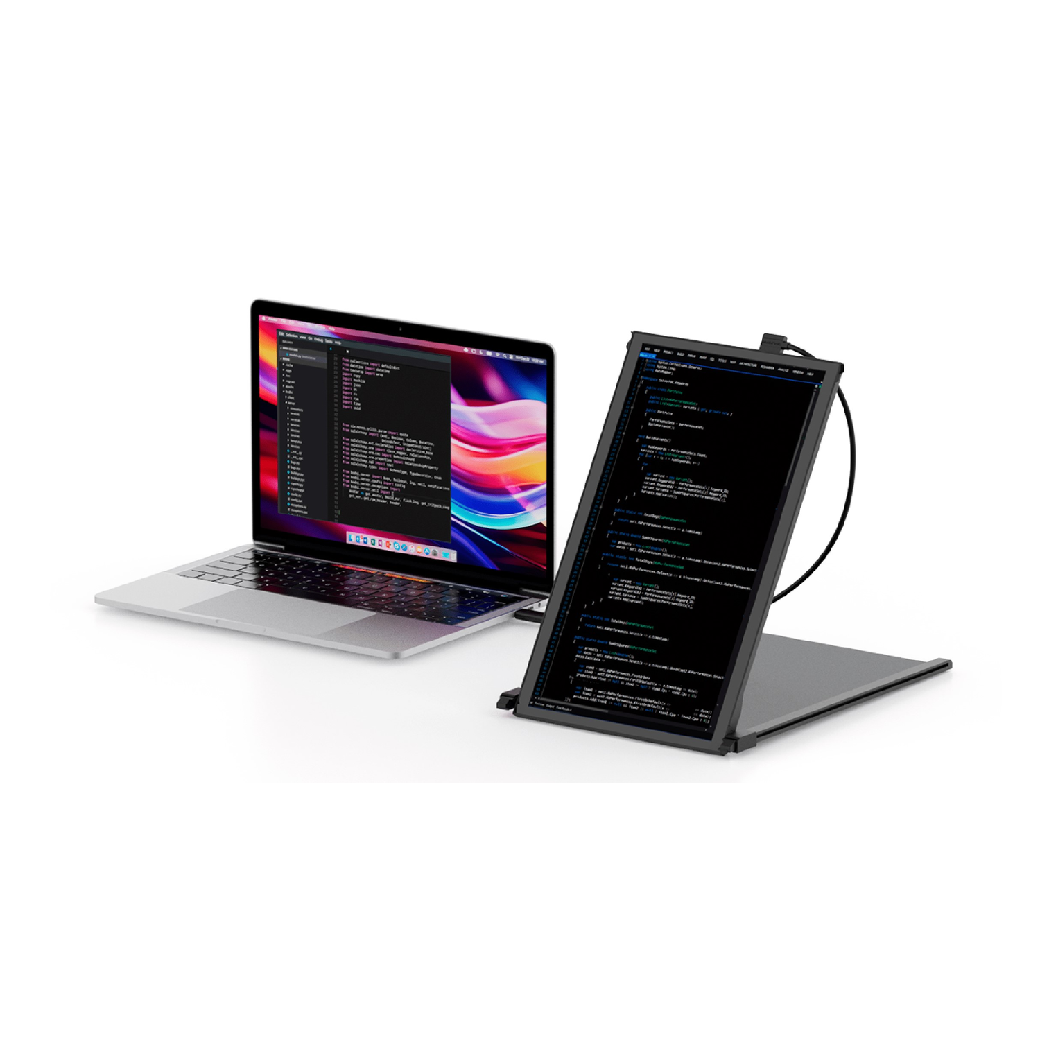 Laptop and an external monitor showing code. Laptop is open, monitor is angled.