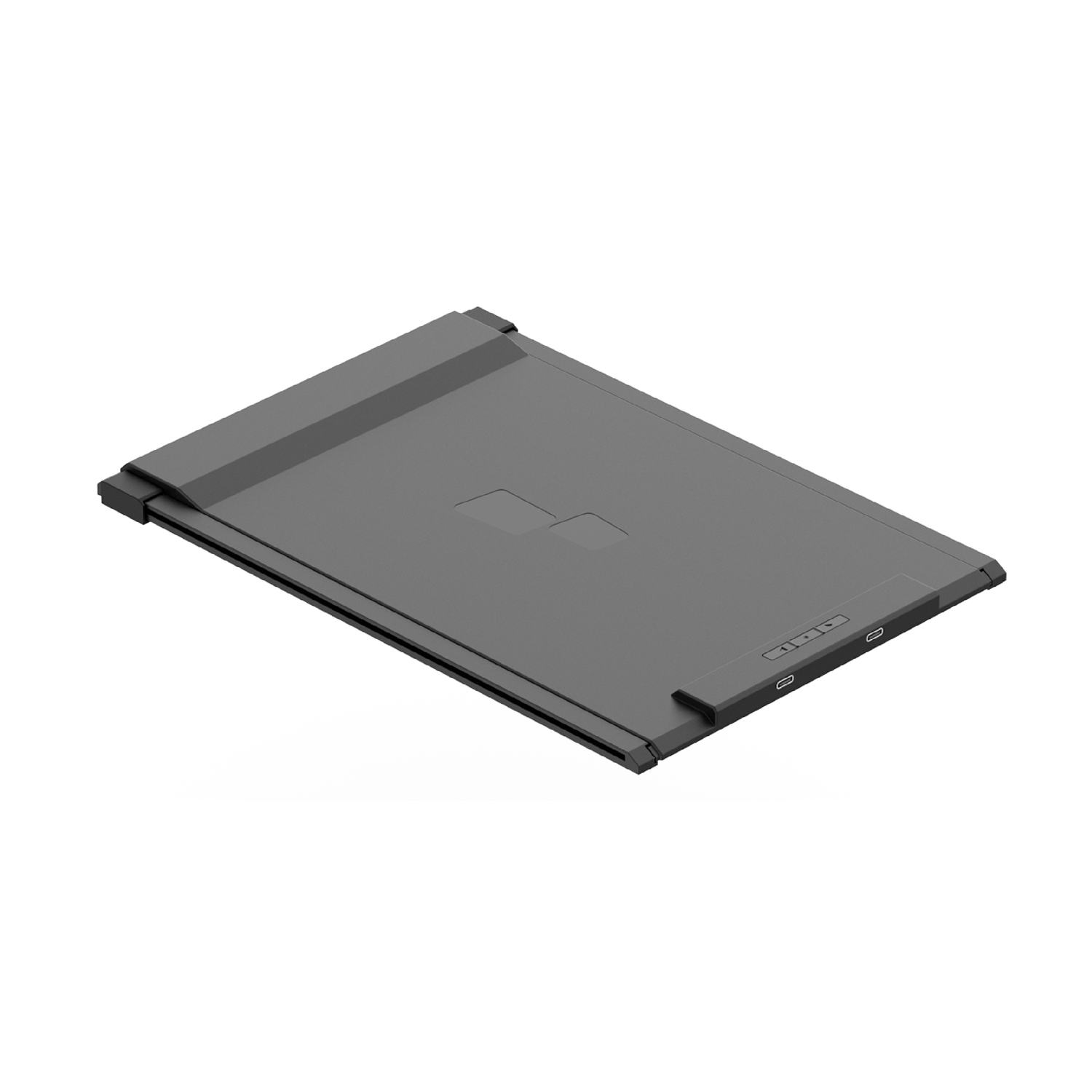 A dark gray tablet device with a rectangular shape, viewed from an angle.
