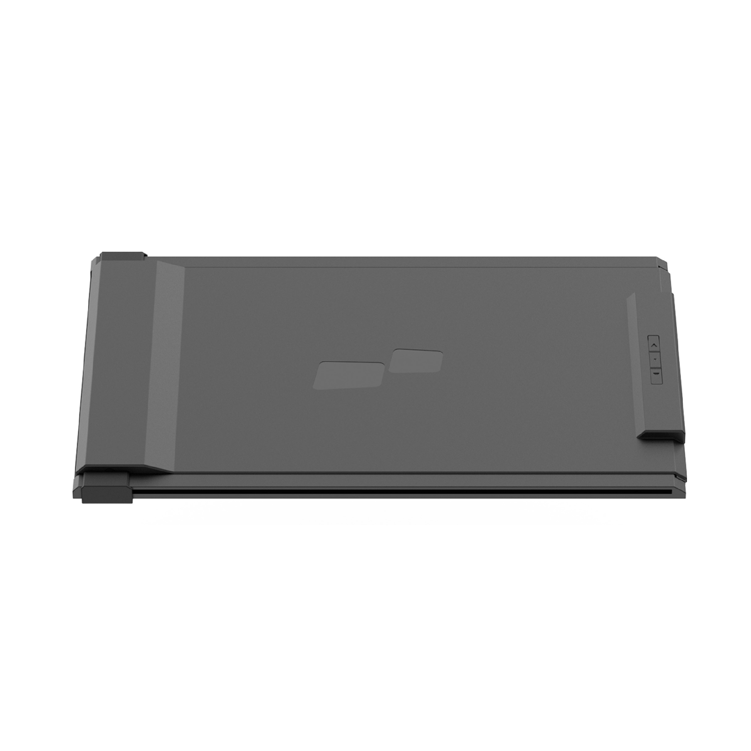 Dark grey rectangular device with angled edges, seen from above on a white background.