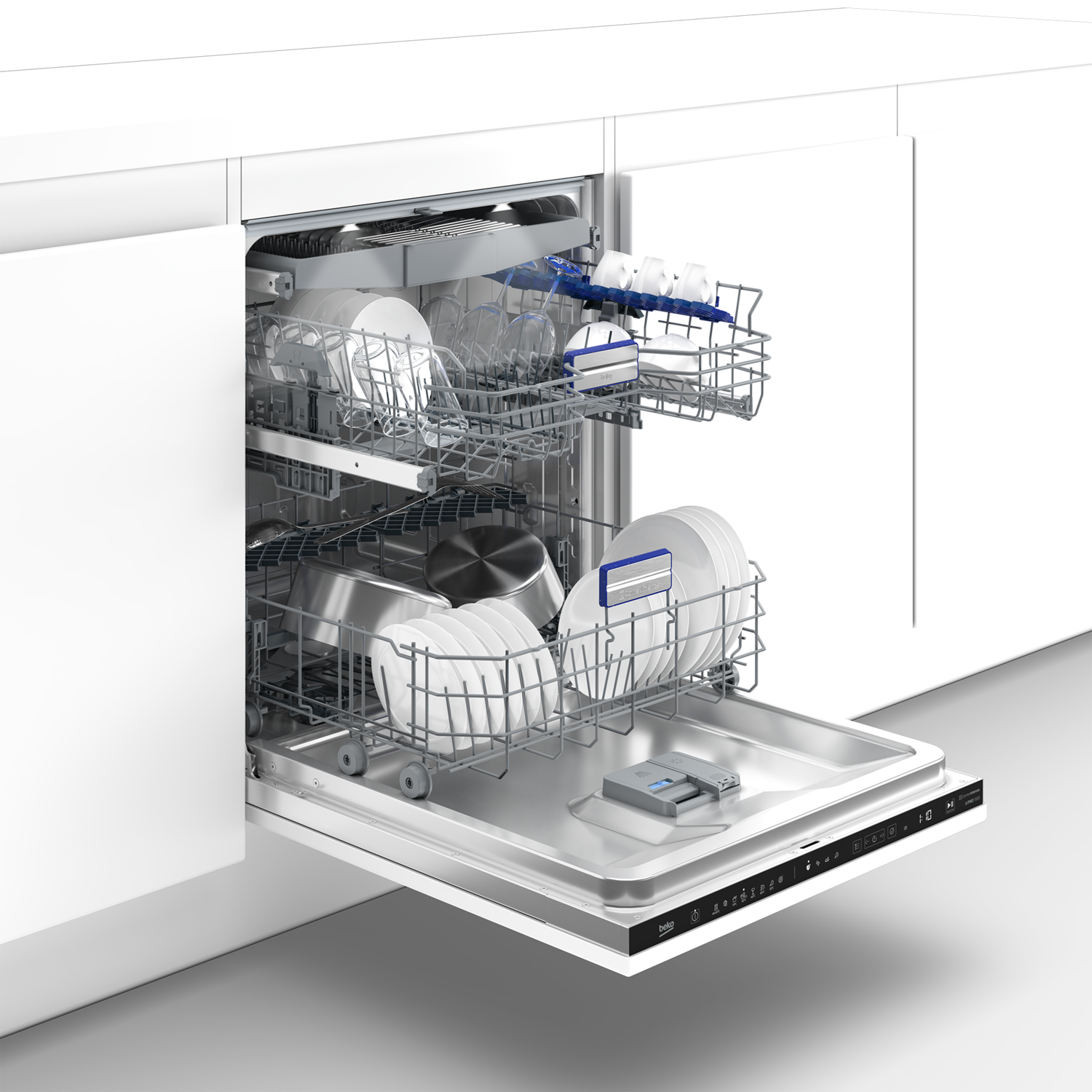 Dishwasher with open door, displaying clean dishes. It is in a white kitchen. Utensils are in the racks.