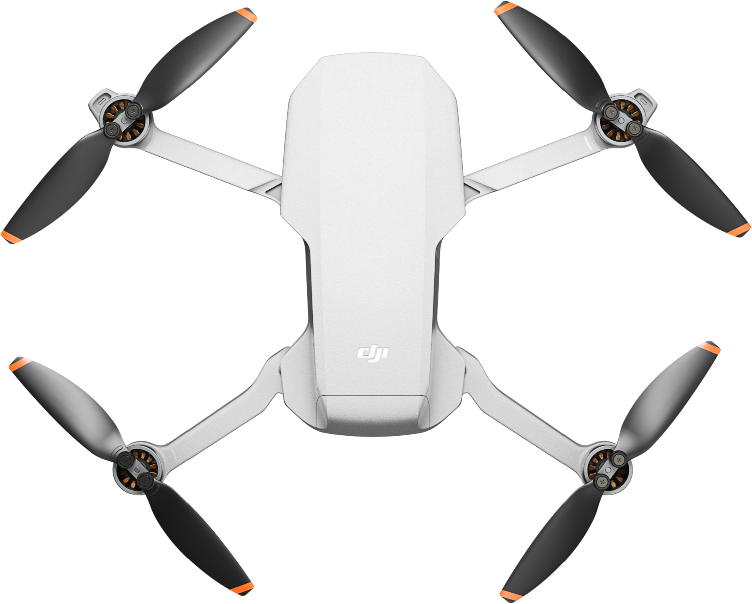 Witte DJI Mini drone, zwarte propellers met oranje uiteinden, zwarte achtergrond.