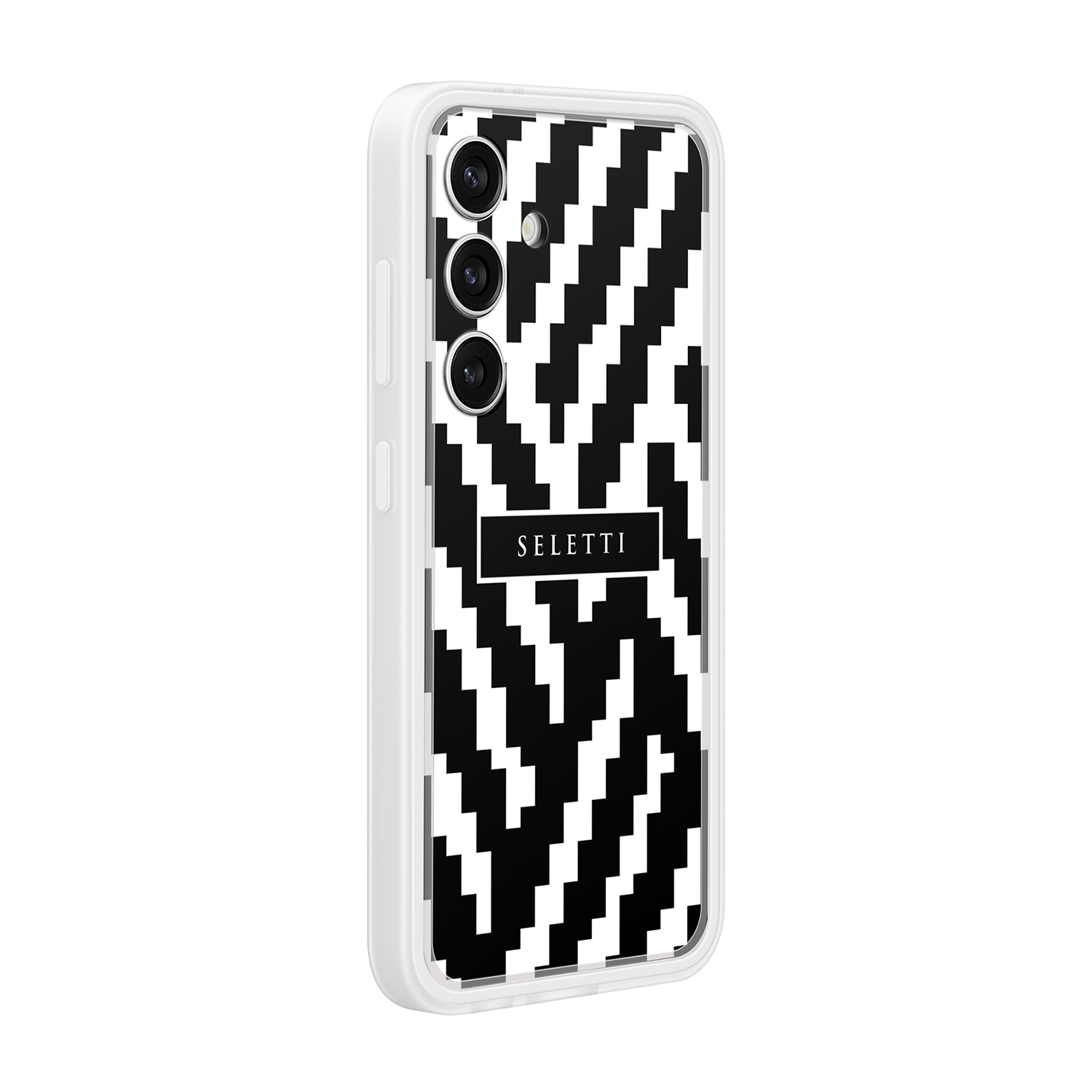 Custodia bianca per telefono con motivo a zig-zag bianco e nero. La parola Seletti sulla custodia.
