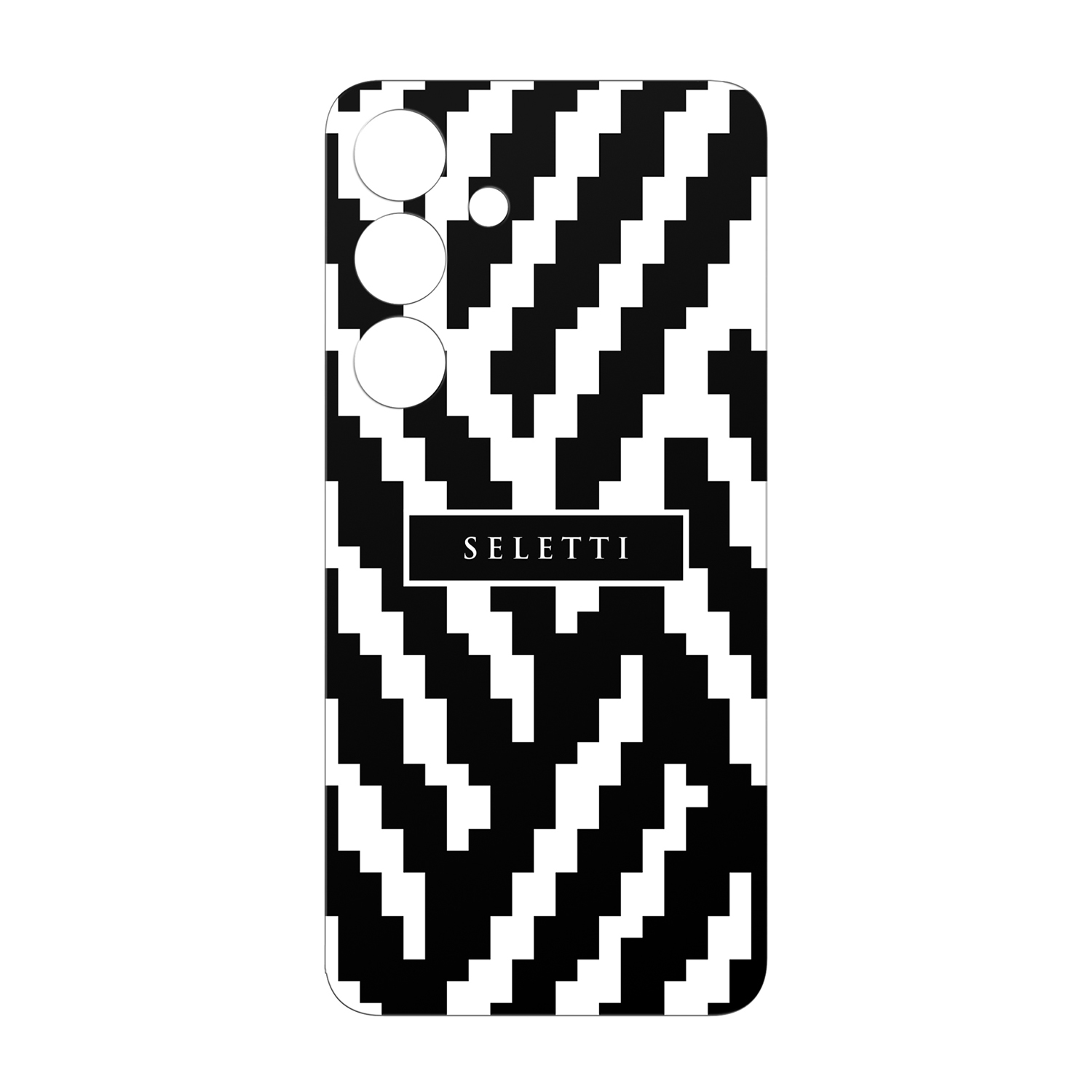 Una custodia per telefono con un motivo a zigzag bianco e nero e la scritta 'SELETTI'.