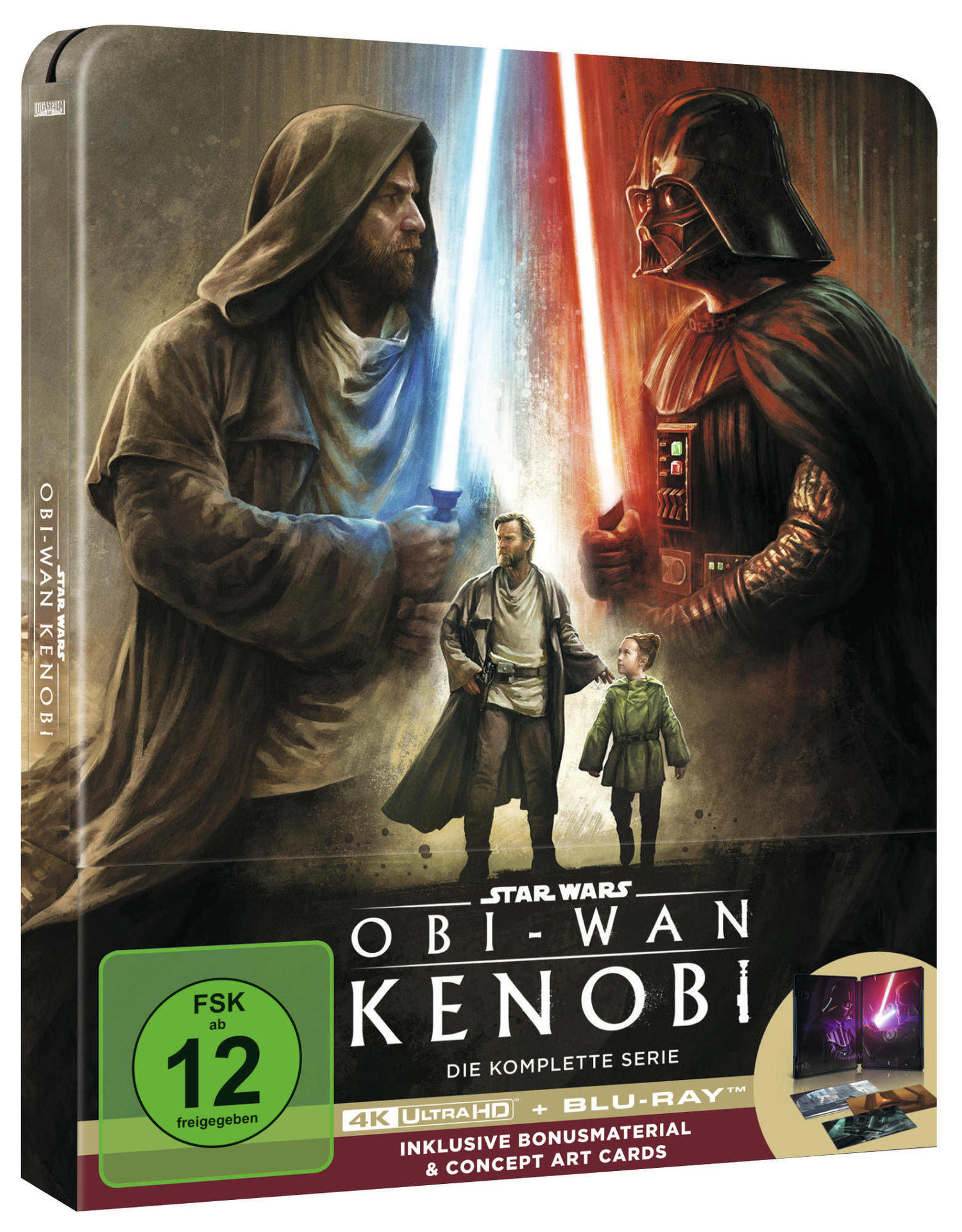 Star Wars Obi-Wan Kenobi Blu-ray-Box-Art, zeigt Charaktere mit Lichtschwertern. Schwarzer Hintergrund.