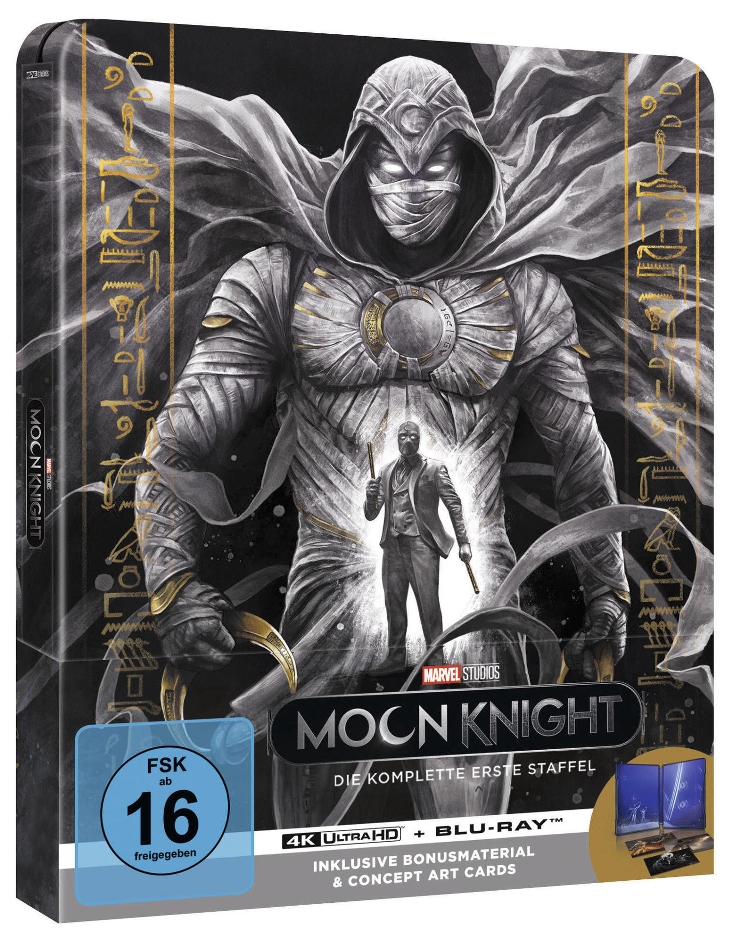 Moon Knight Blu-ray-Box-Art zeigt den Helden in weißem Anzug, Umhang und Maske, mit einer kleineren Figur im Hintergrund.