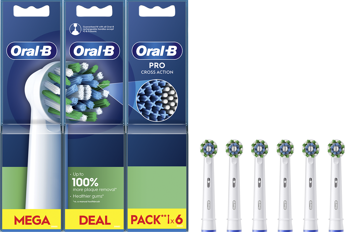Három Oral-B fogkefefej csomag, jobbra extra fejekkel.