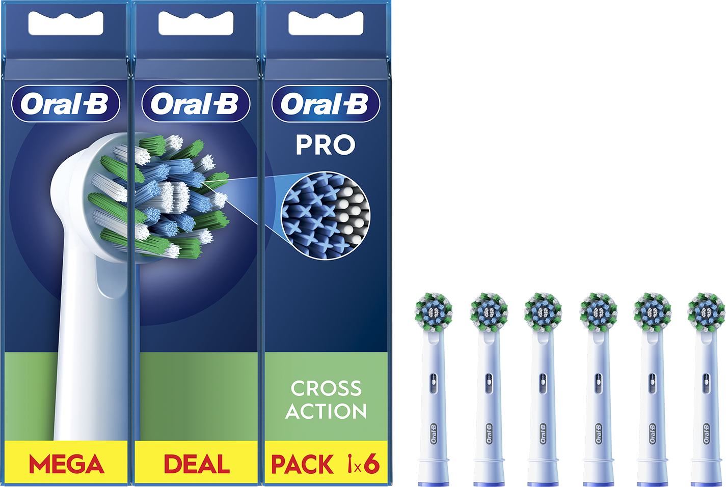 Három Oral-B Pro fogkefe fej csomag, sörték közeli képe és egy 6-os csomag.