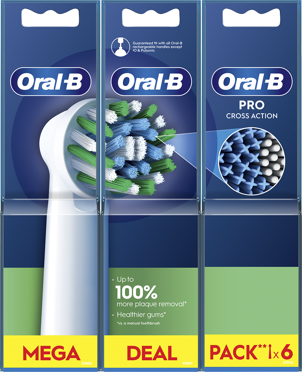 Három Oral-B fogkefefej egy csomagban. A fejek színe és kialakítása eltérő.