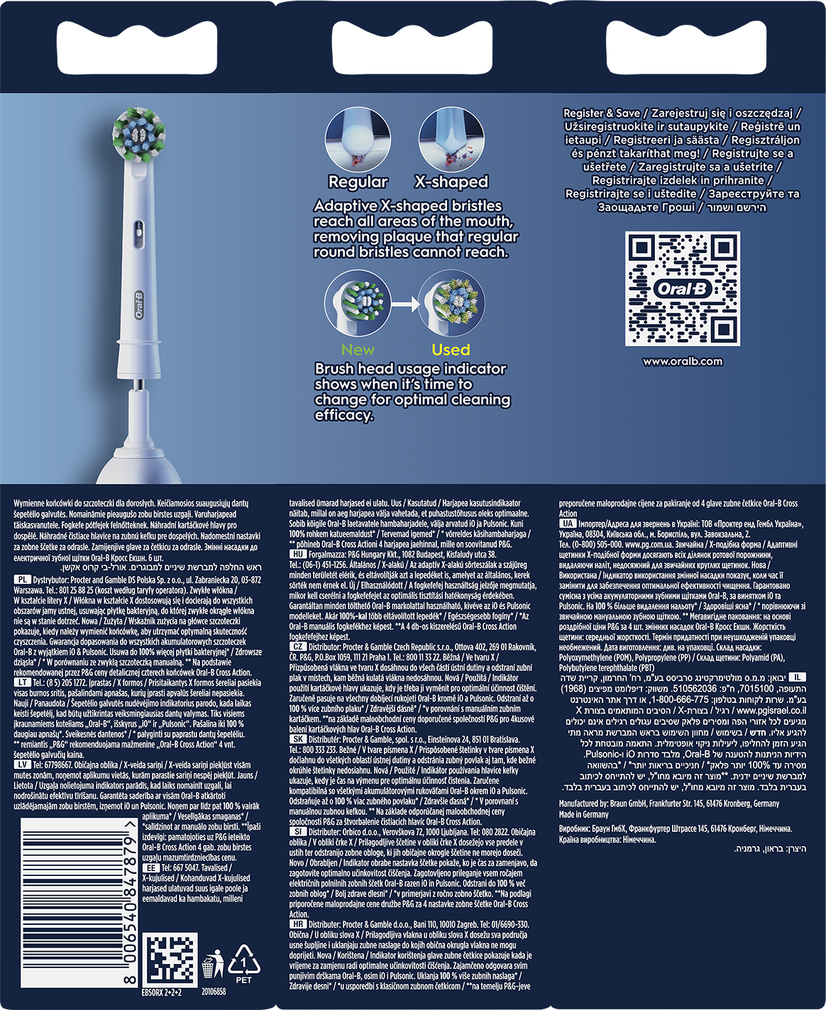 Oral-B fogkefe fej csomagolása. Olyan funkciókat sorol fel, mint az adaptív sörték.
