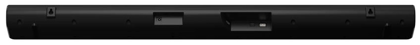 Długi, czarny soundbar z kilkoma portami połączeniowymi z tyłu.