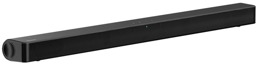 Czarny soundbar na białym tle, z siatkowym przodem i kilkoma przyciskami.