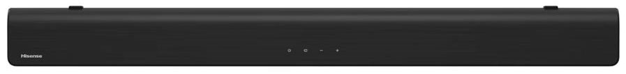 Czarny prostokątny soundbar z logo Hisense po lewej stronie. Trzy małe przyciski pośrodku.