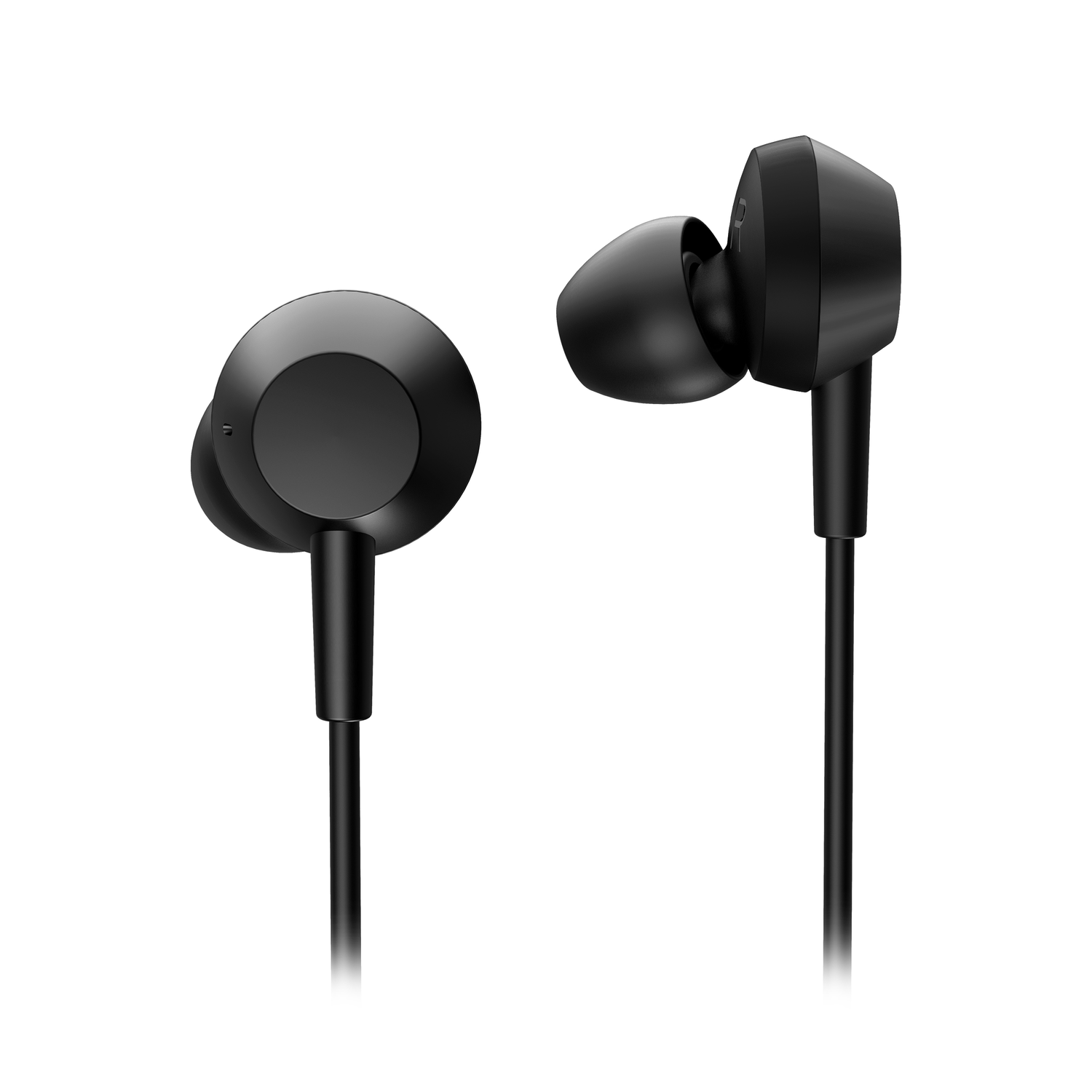 Two black earbuds on a white background. The left earbud is facing the viewer, right one angled to the right.