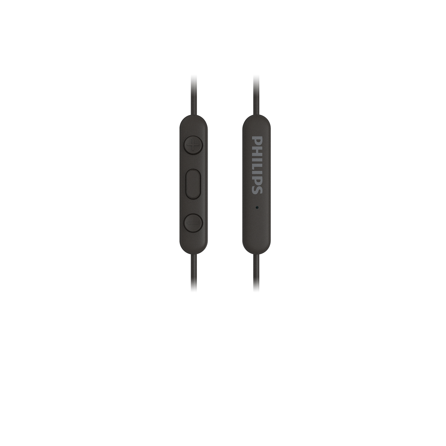 Two black earbuds with a control panel are on a white background. The word 'PHILIPS' is on the right earbud.