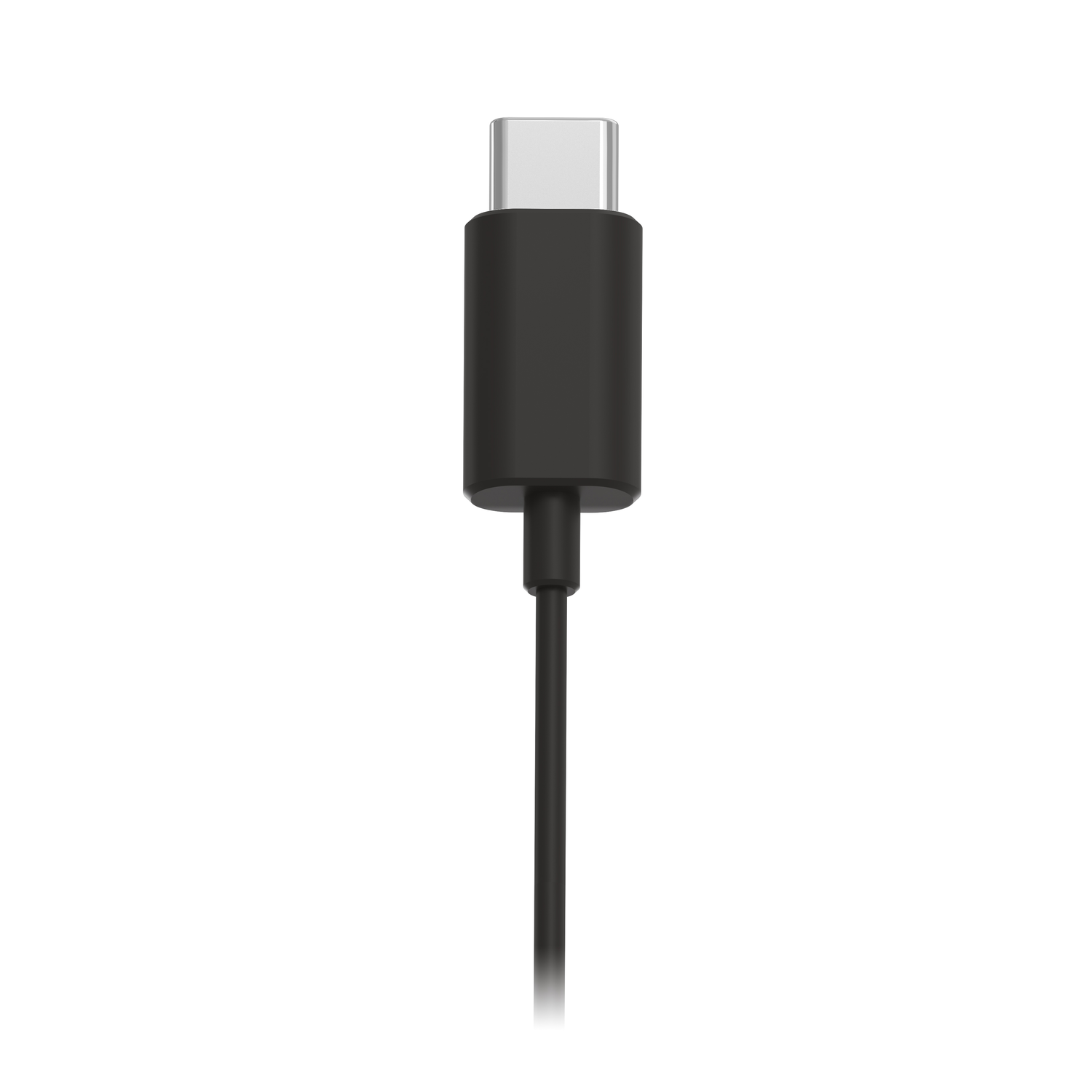 A close-up of a black USB-C cable with a silver connector on a white background.