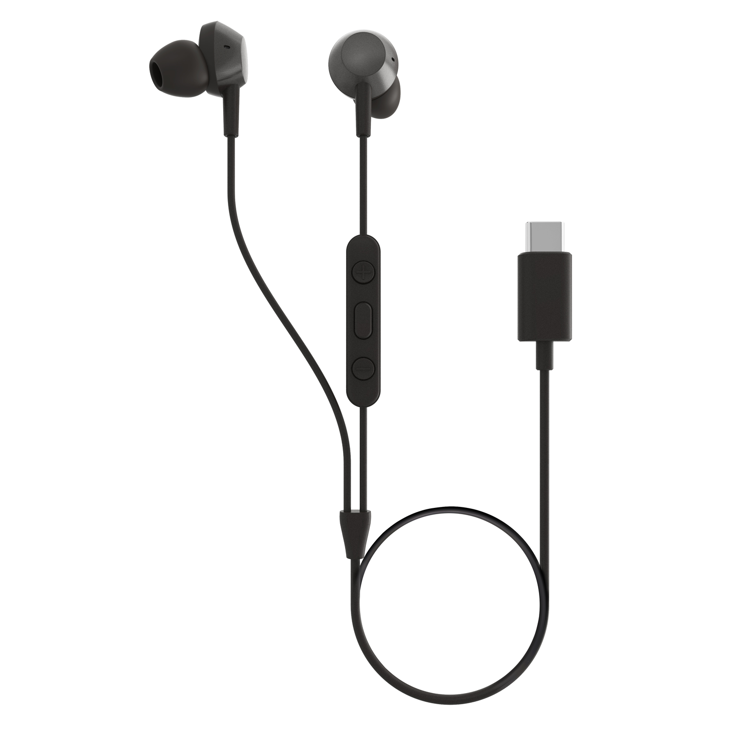Black earbuds with a control module and a USB-C connector. White background.