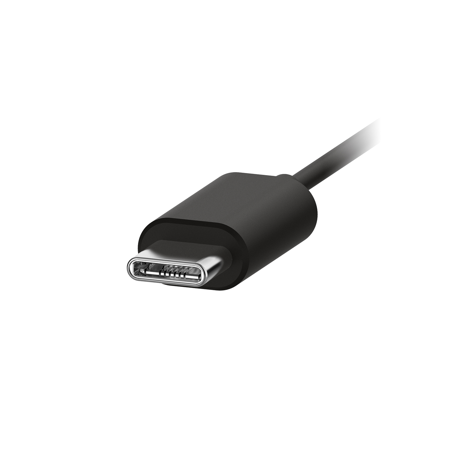 Close-up of a black USB-C cable connector. The connector is silver and has many pins.