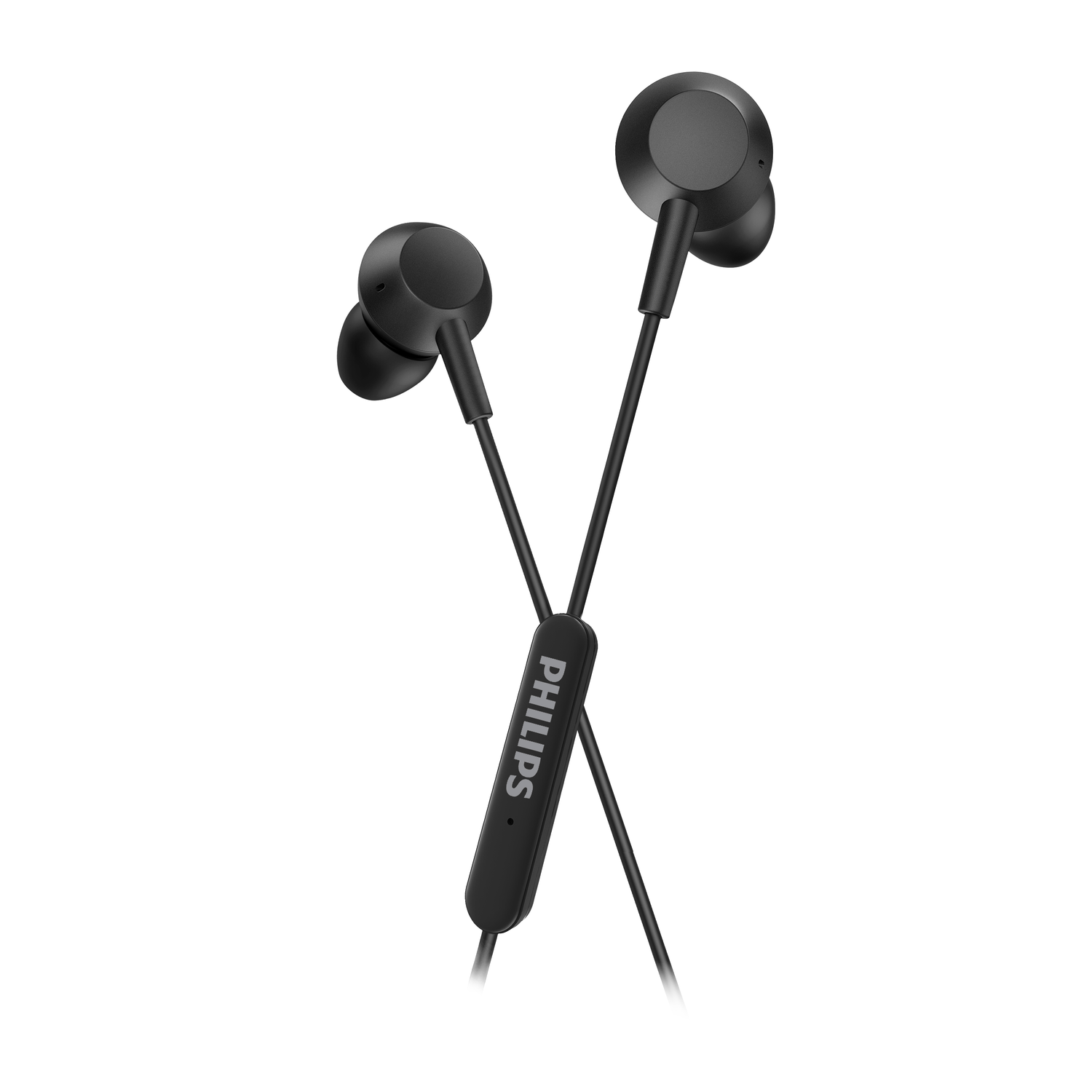 Black Philips earphones with a control on the cord. The earphones are on a white background.