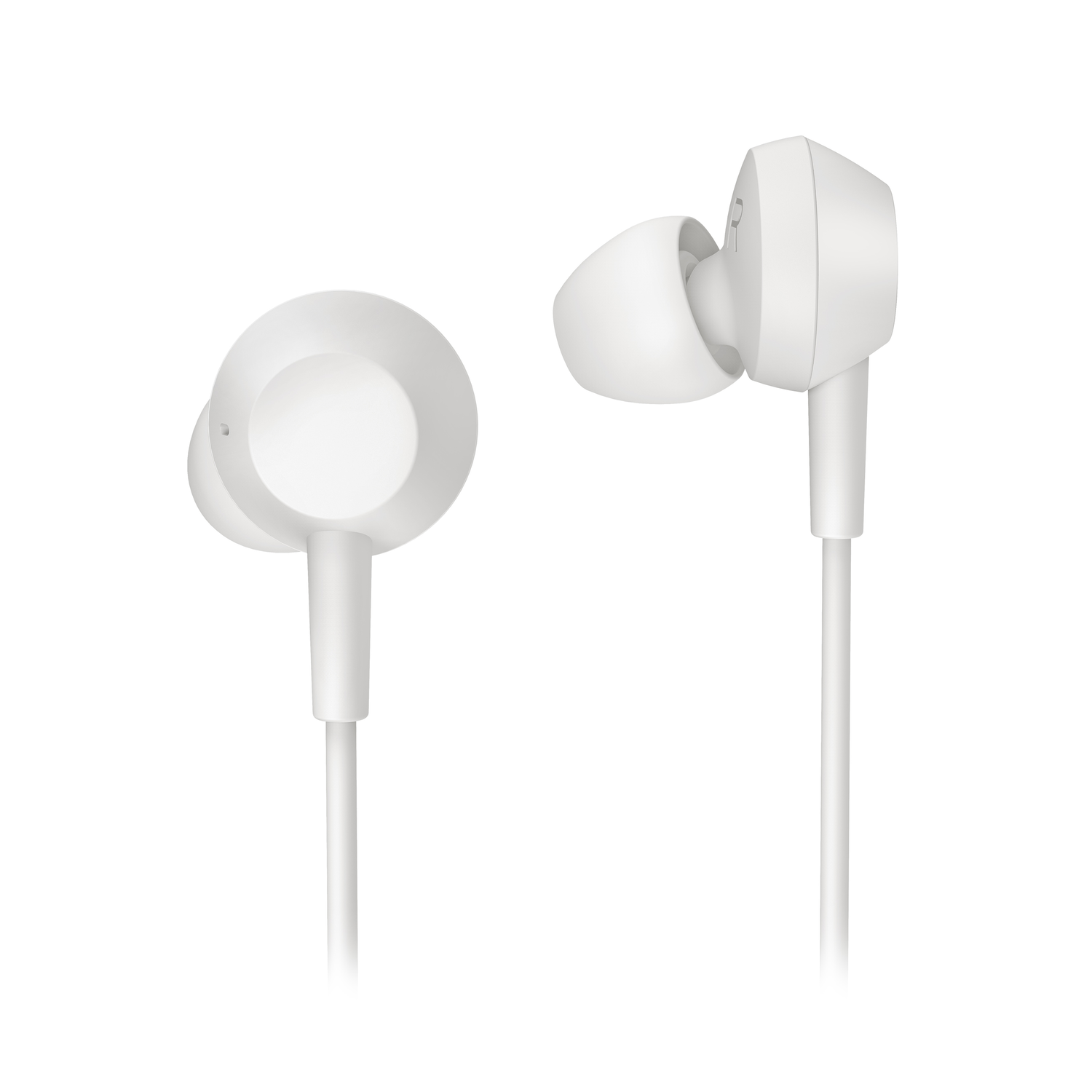 Two white wired earbuds on white background. Simple design, with small speaker and a wire.