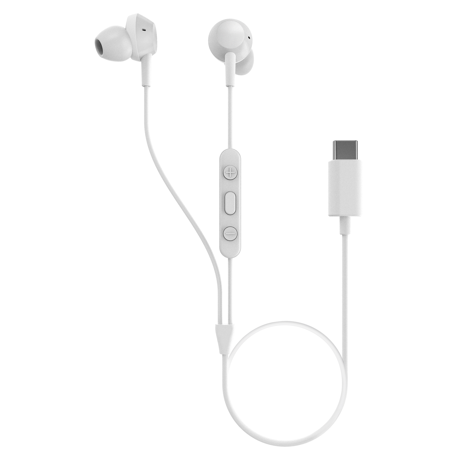 White earbuds with an in-line remote and USB-C connector, lying on a white surface.