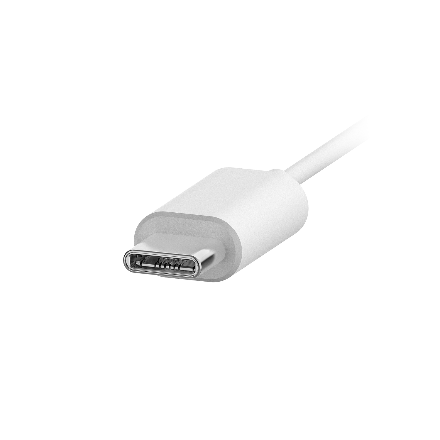White USB-C connector on a white cable, close-up shot against a white background.