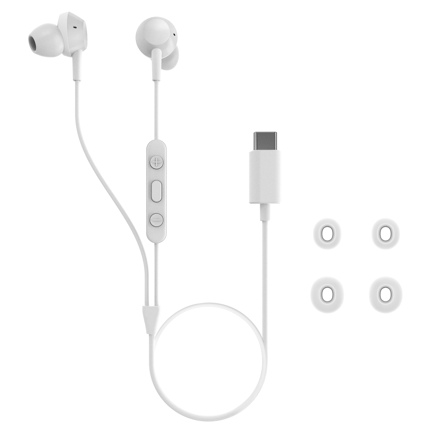 White earbuds with a cord and a USB-C connector, with extra ear tips.