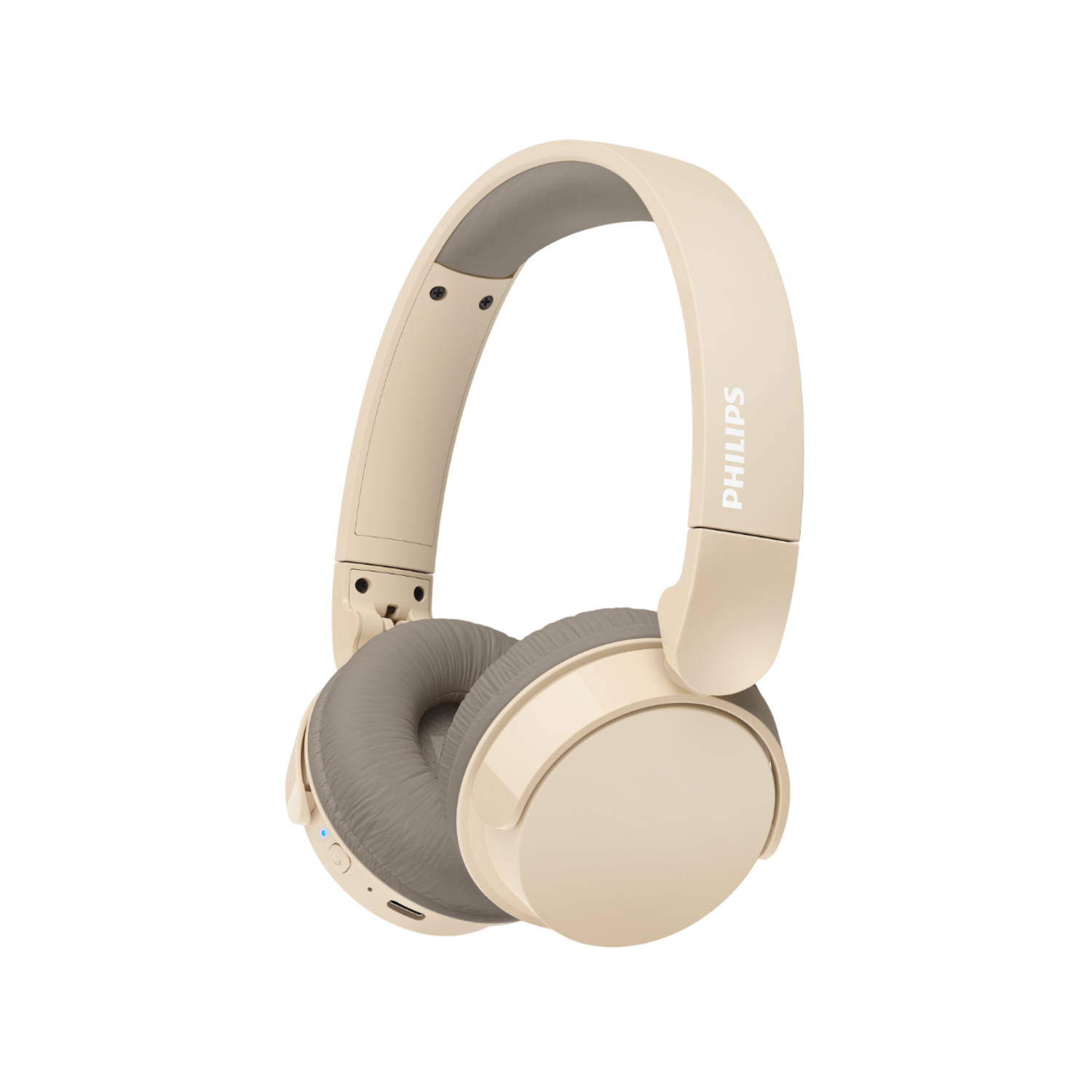 Crèmekleurige Philips-hoofdtelefoon met een grijze hoofdband en oorschelpen, tegen een zwarte achtergrond.