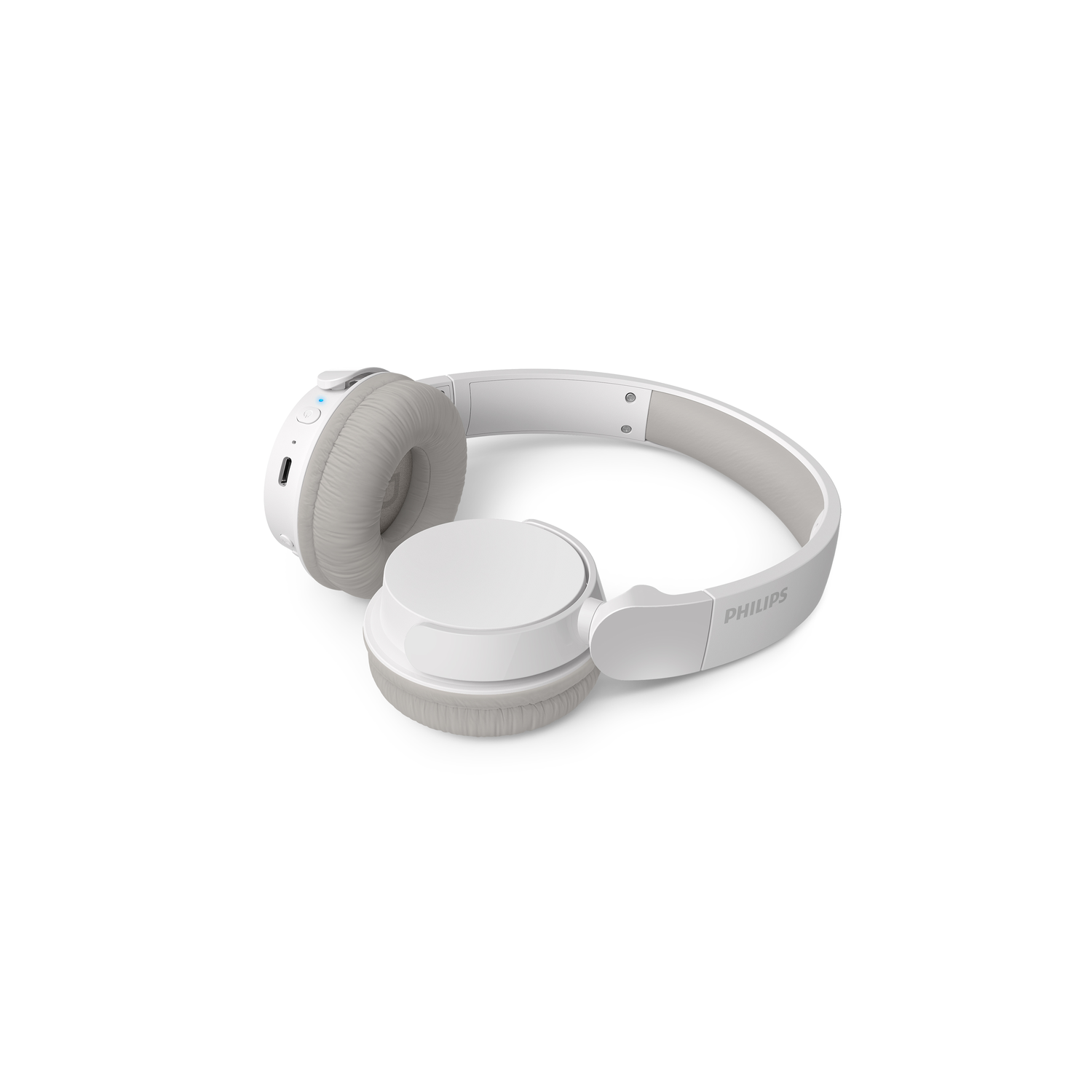 Witte en grijze draadloze hoofdtelefoon op een wit oppervlak, met een minimalistisch ontwerp.