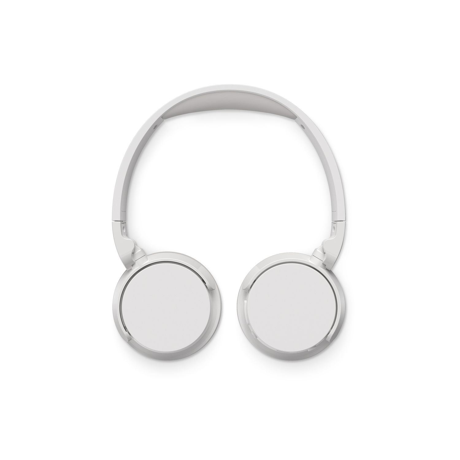 Witte koptelefoon, bovenaanzicht, op witte achtergrond. Twee oorschelpen en een verbindingsband zijn zichtbaar.