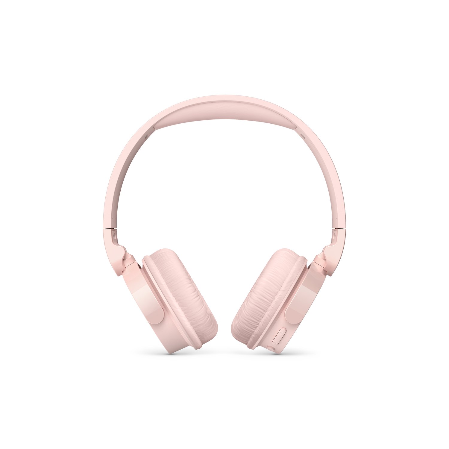 Pink headphones with a padded headband and earcups, viewed from the front against a white background.