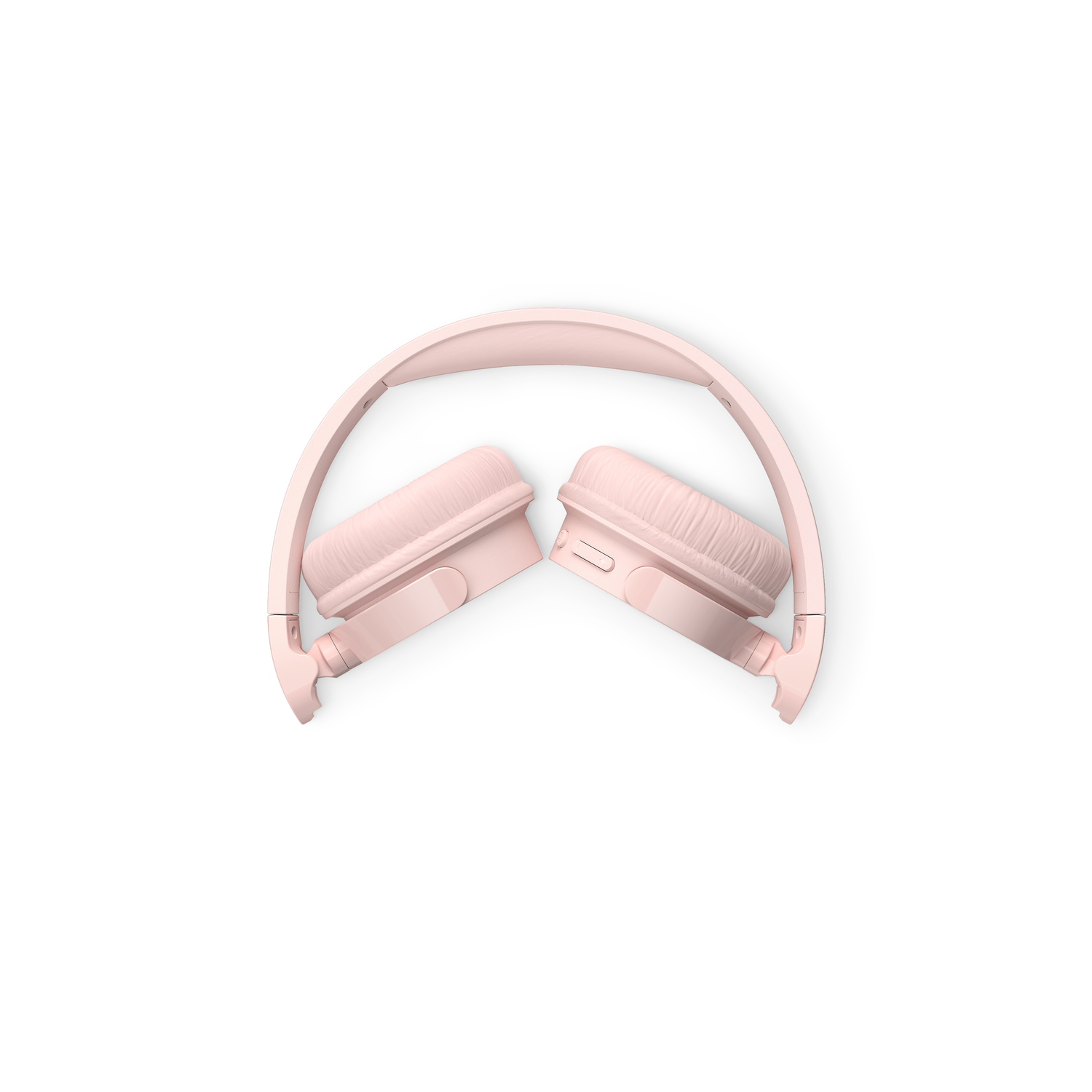 Pink headphones folded, isolated on a white background, showing the ear cups.