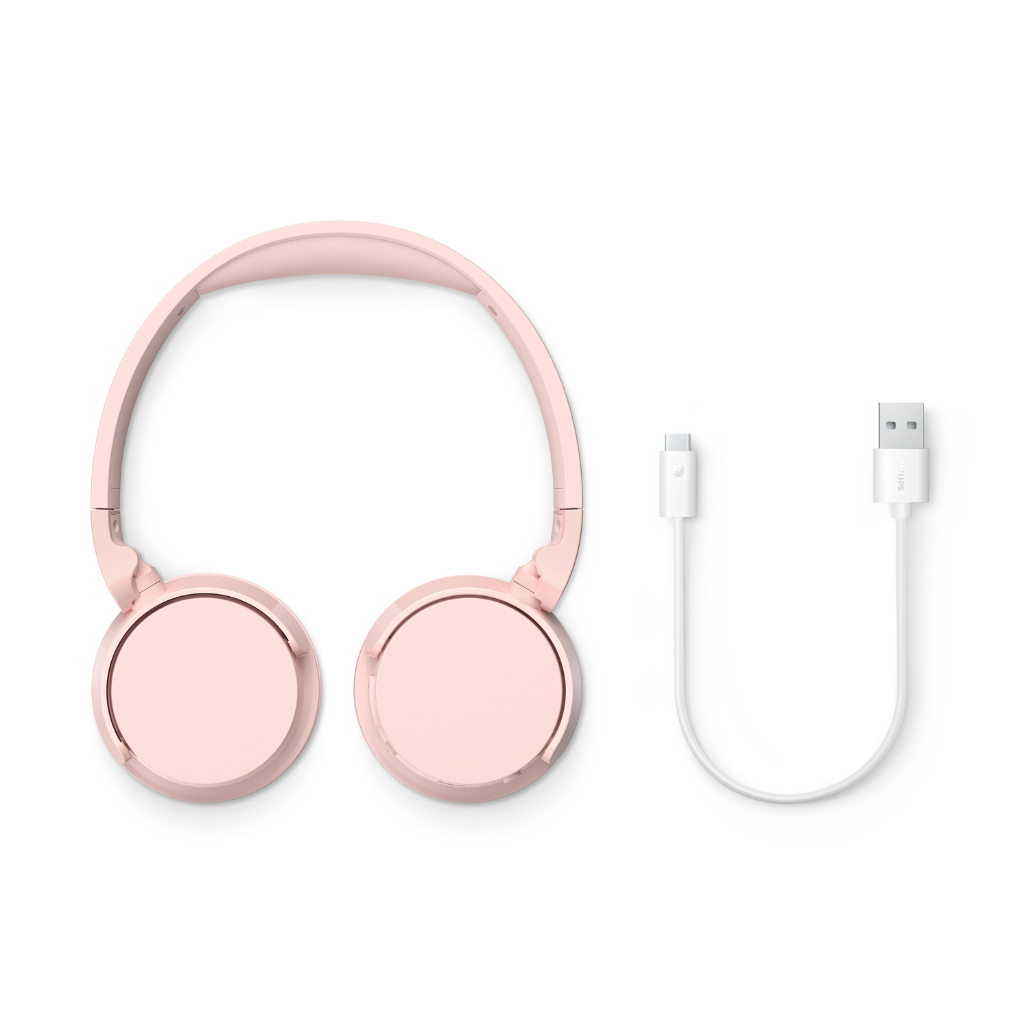 Pink headphones, folded, with a white USB-C cable. White background.