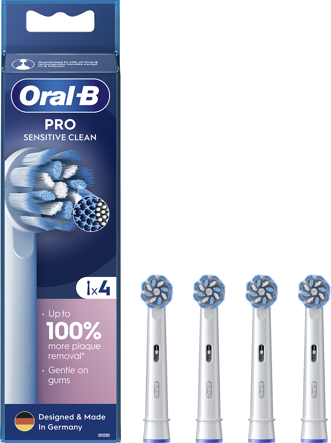 Oral-B Pro Sensitive Clean fogkefefejek a csomagolásban. Négy fej látható.