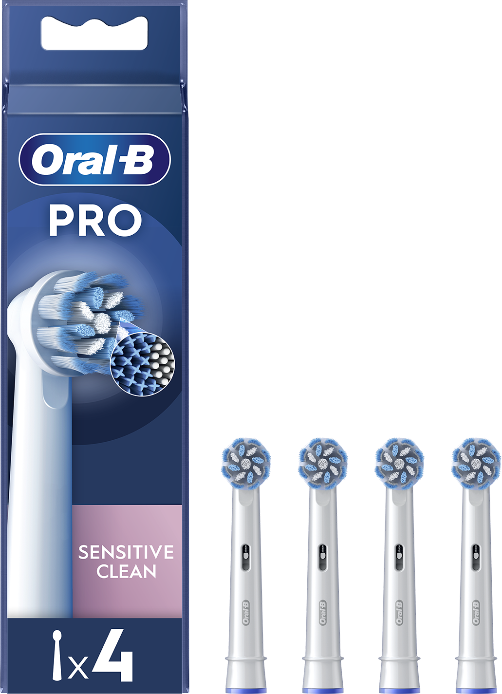 Oral-B Pro fogkefe fejek csomagban, négy darab. Fehér és kék sörték, közelkép.