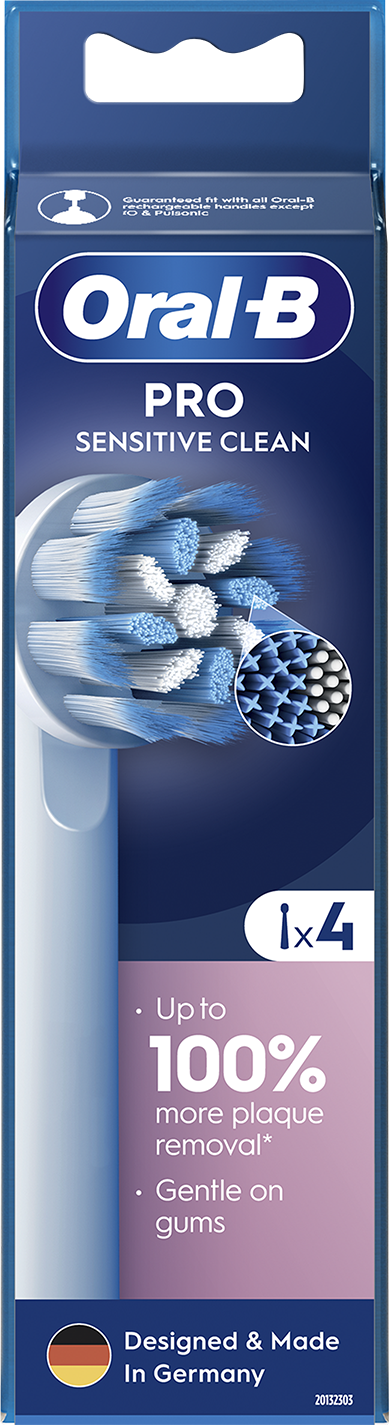 Oral-B Pro Sensitive Clean fogkefe fejek. A kefe és a csomagolás közeli képe.