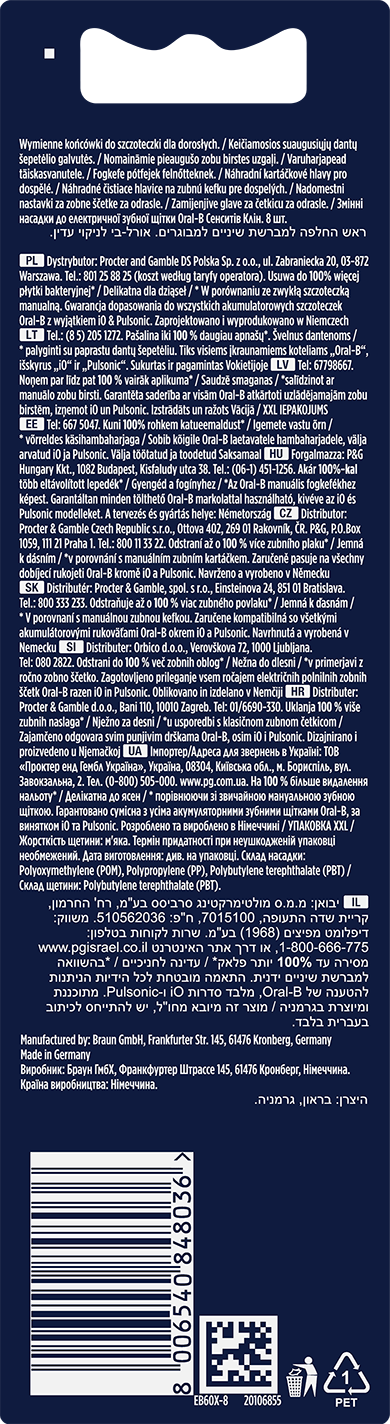 Termékinformációs lap több nyelven szöveggel. A háttér sötétkék.