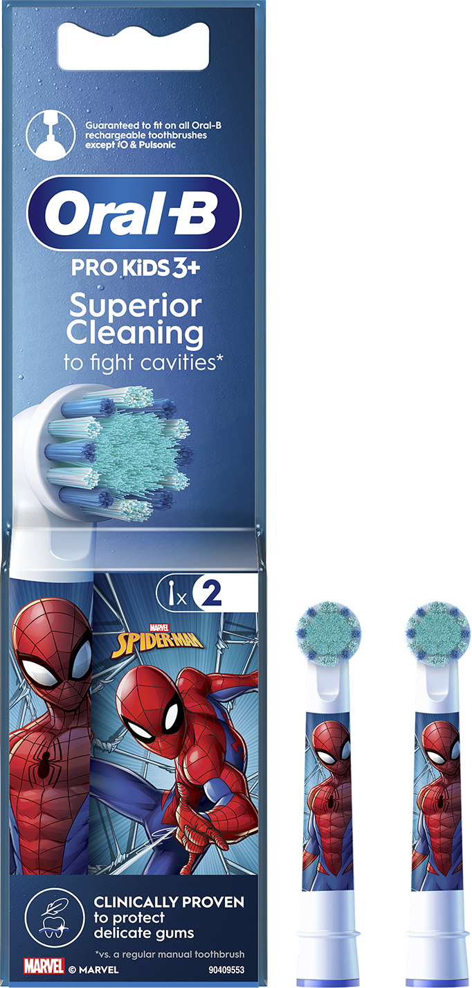 Oral-B Pro Kids fogkefefejek Pókember dizájnnal. Csomagolás, Pókember grafikák és két fej.