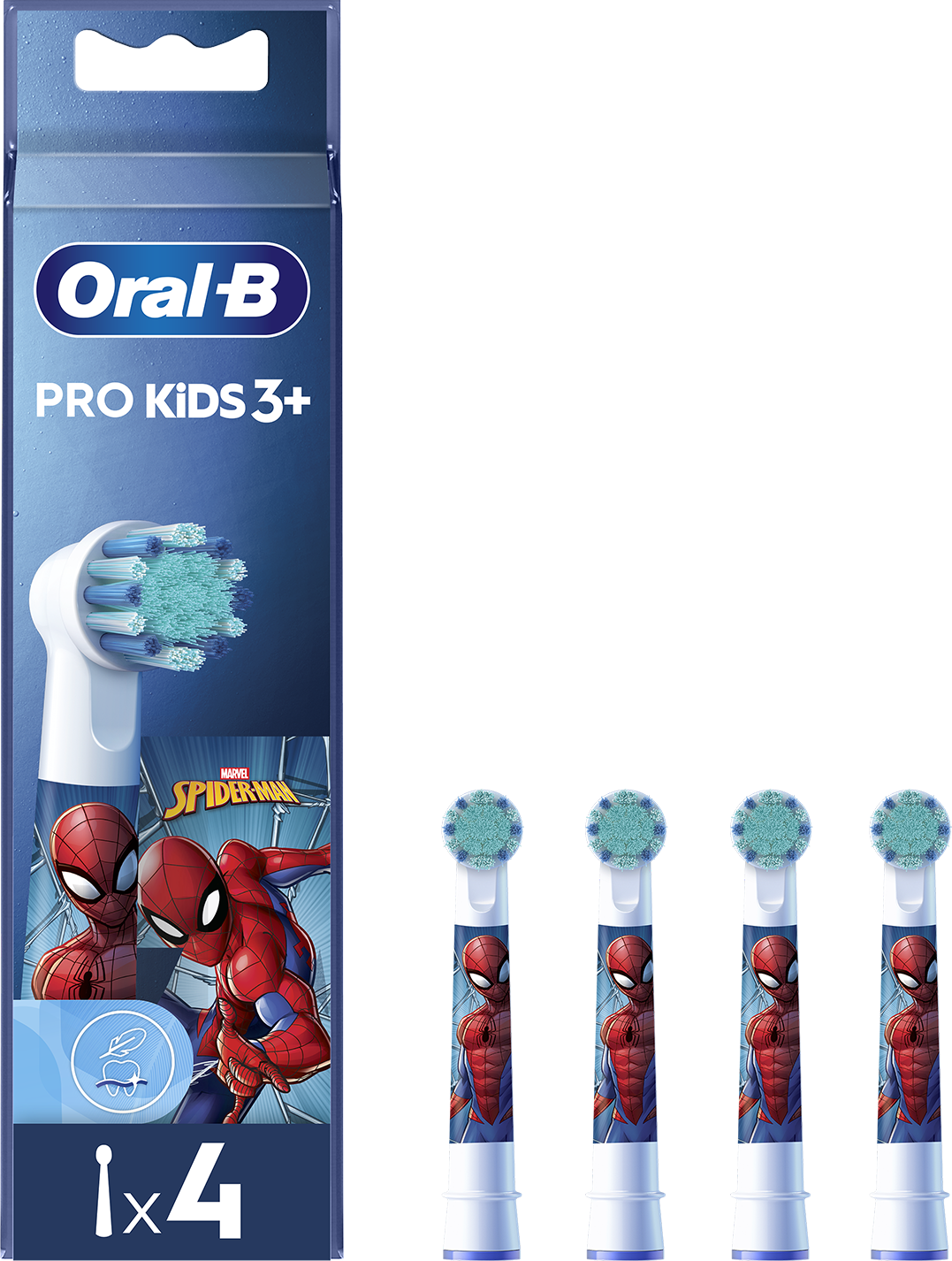 Oral-B fogkefe fejek. A csomag 4 db-ot tartalmaz Pókember designnal és kék sörtékkel.