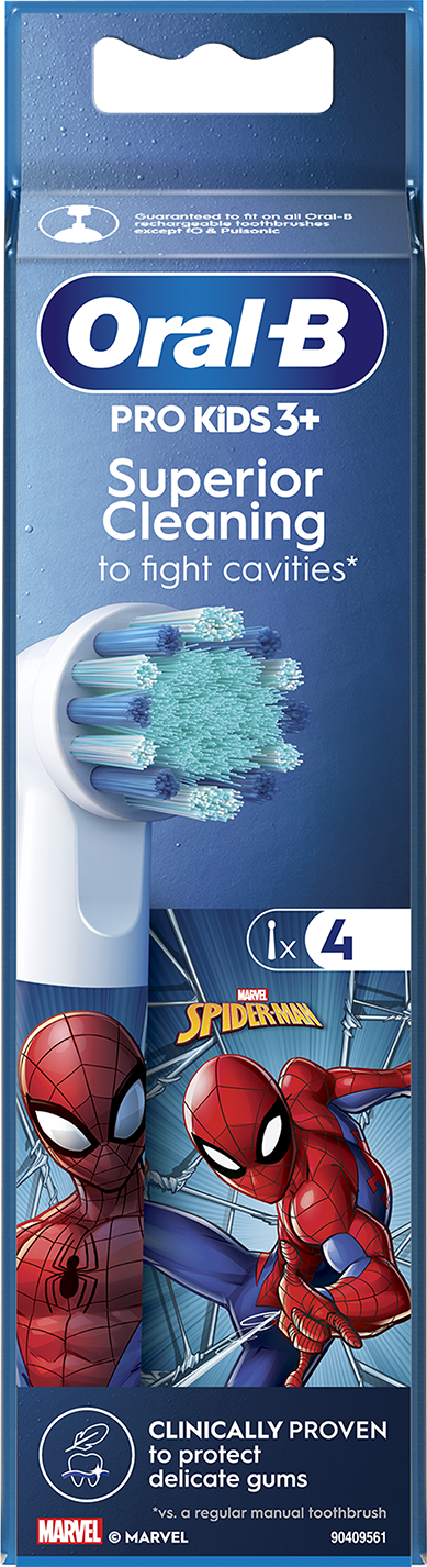 Oral-B Pro Kids 3+ fogkefés doboz Pókember grafikával, kék-fehér fogkefe.