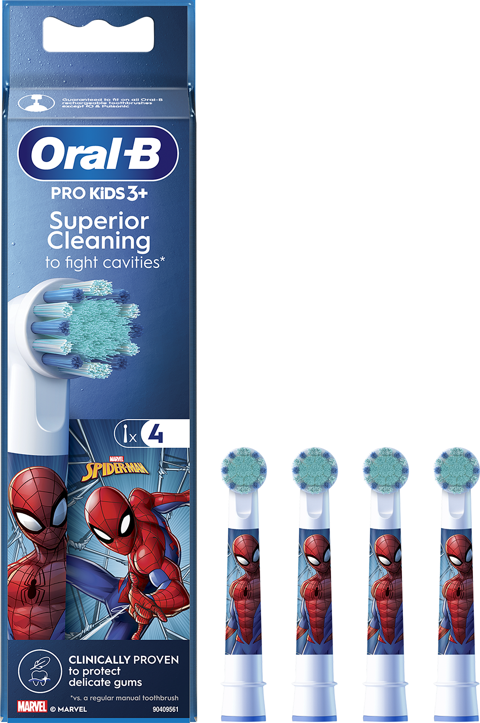Oral-B Pro Kids fogkefefejek Pókember grafikával. Csomagolás és fogkefefejek láthatók.