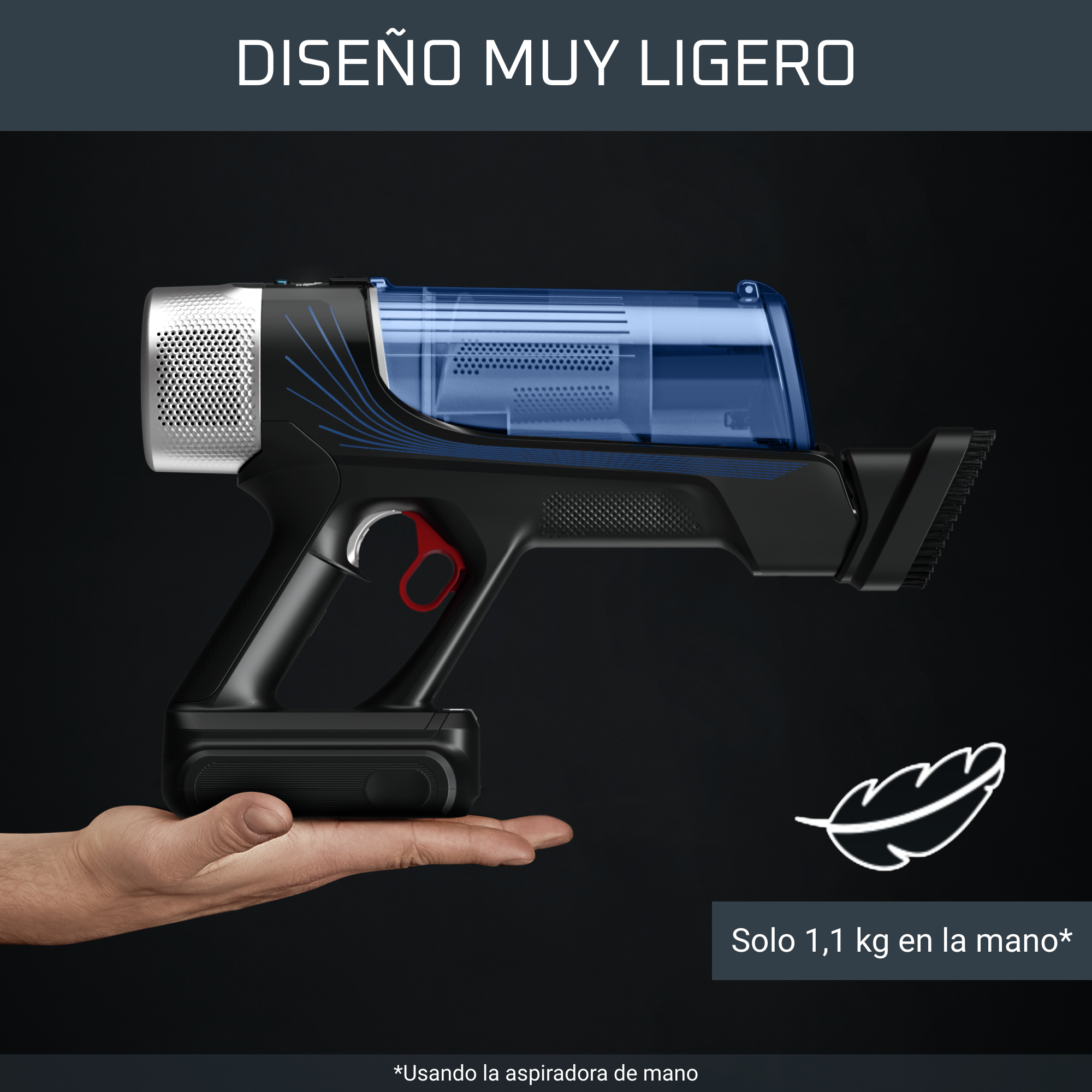 Una mano sosteniendo una aspiradora negra y azul, el texto dice "DISENO MUY LIGERO" y "Solo 1,1 kg".